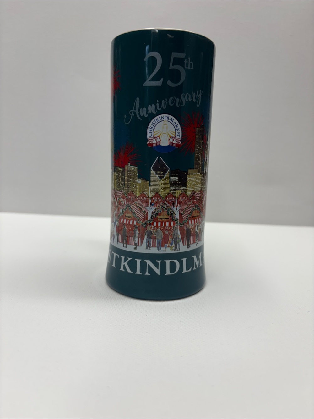 25th Anniversary Festive Collector Vase - Dark Teal with Red & Gold Accents